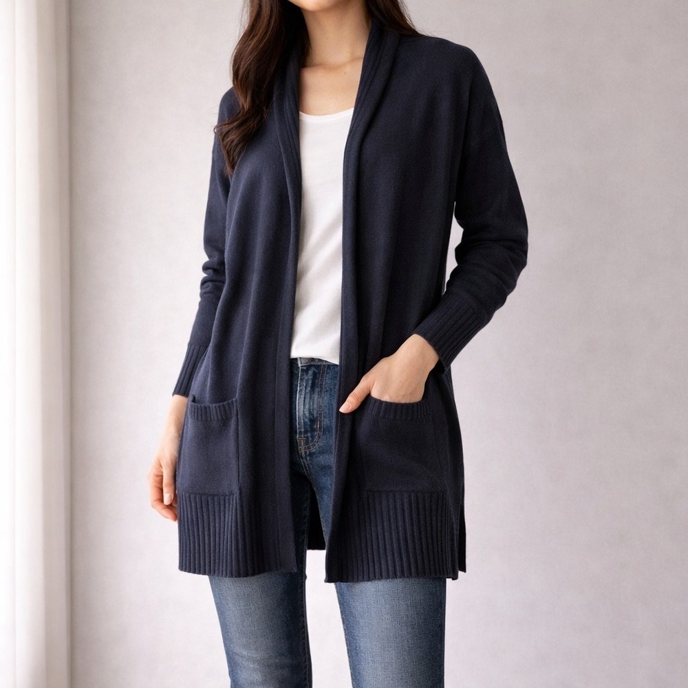 OVI‎ Women's Navy Blue Knit Cardigan – Shawl Collar, Pockets, Size L